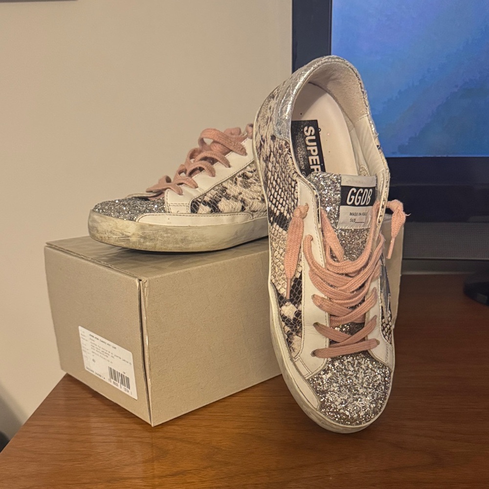 Golden Goose Super-Star Sneakers – Glitter Toe & Python Print, Size 40 / 10